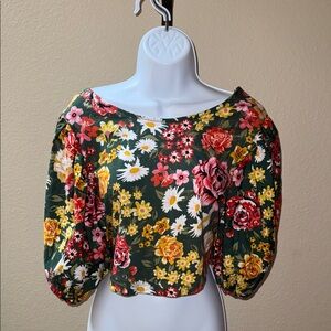 Zara Multicolor Floral Print Puff Sleeves Crop Top Blouse Women’s Size L